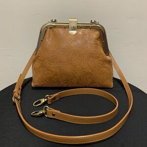 Handmade Genuine Leather Embossed Leaves Metal Push-lock Shoulder Bag/Crossbody